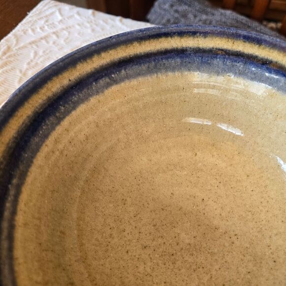 Handcrafted Ceramic Bowl with Blue and Tan Stripes - Picture 8 of 8